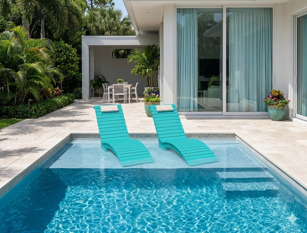 Modern backyard pool with a tanning ledge and two in-pool lounge chairs in shallow water