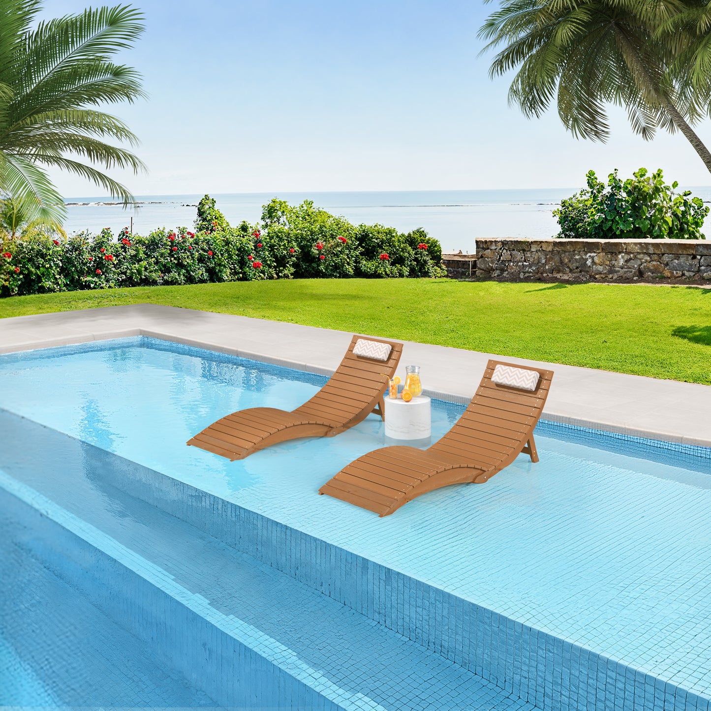 Folding Pool Lounge Chair with Headrest, Pre‑Assembled HDPS, Anti‑Floating Design