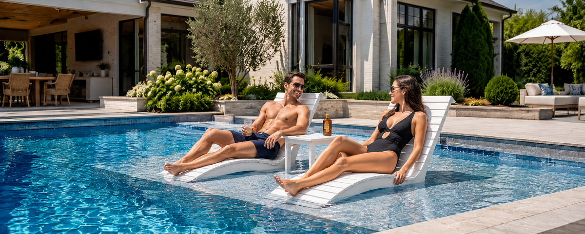 Couple relaxing on AquaCurve pool recliner chairs with an in-pool side table