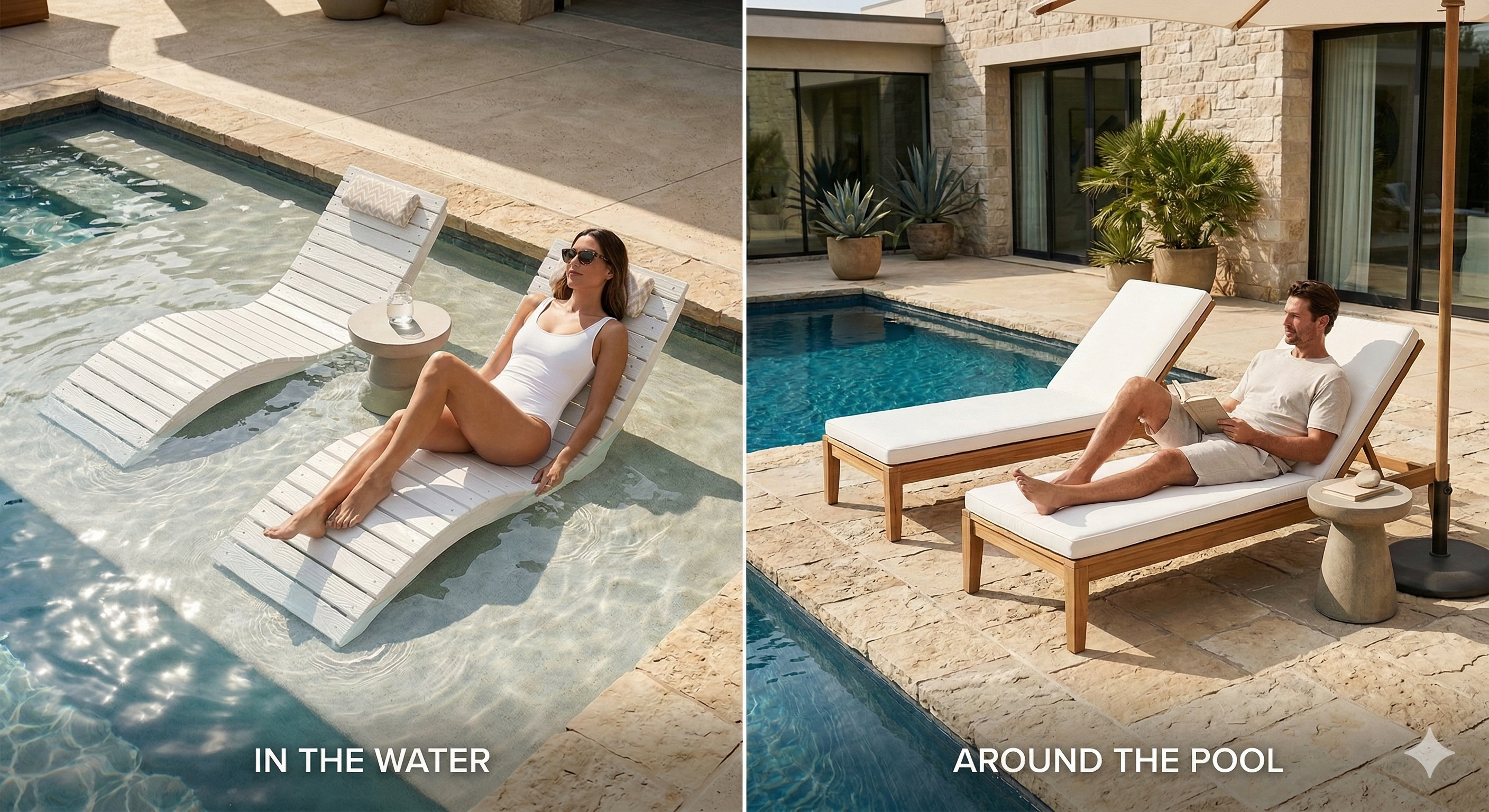 comparison of in-pool loungers in shallow water and poolside loungers on a dry deck