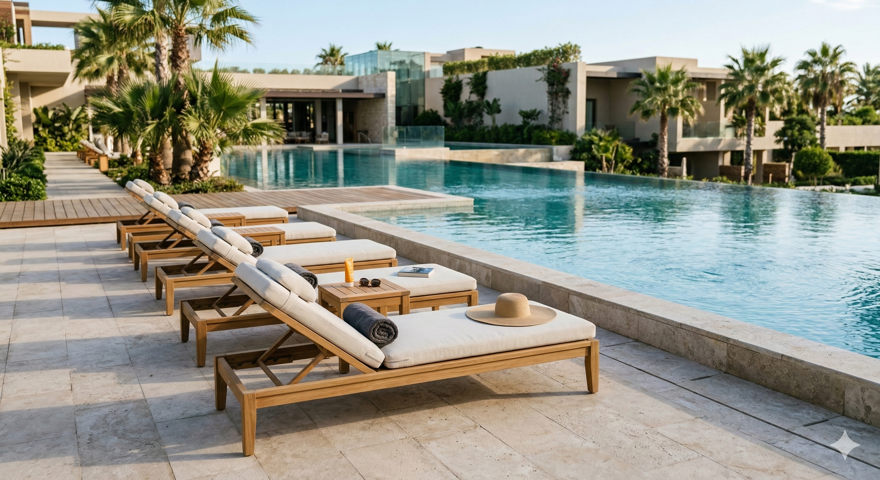 poolside loungers arranged on a dry pool deck beside the water