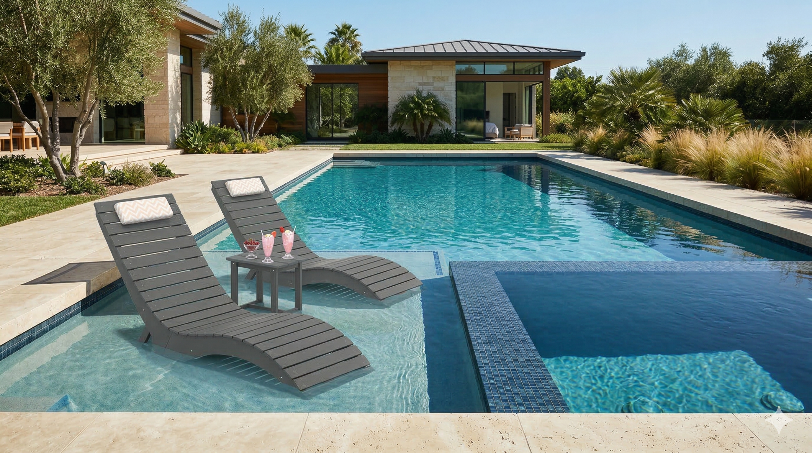 in-pool lounge chair positioned in shallow water on a sun shelf