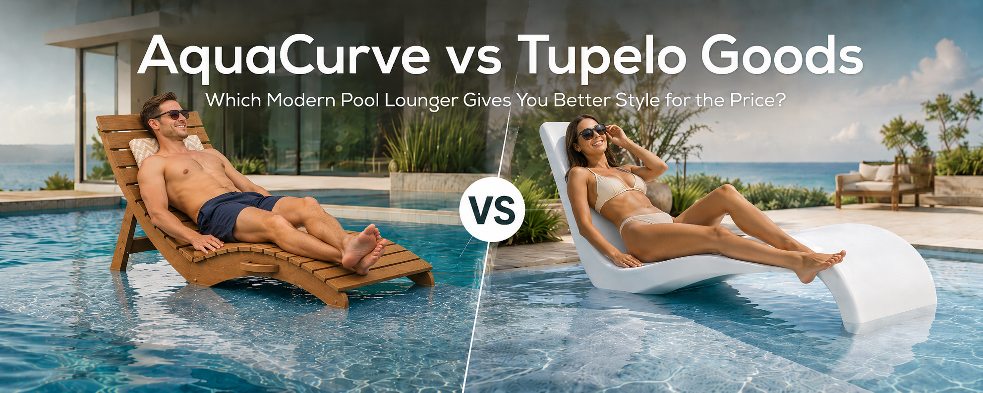 Modern pool loungers on a tanning ledge comparing AquaCurve and Tupelo Goods style and value