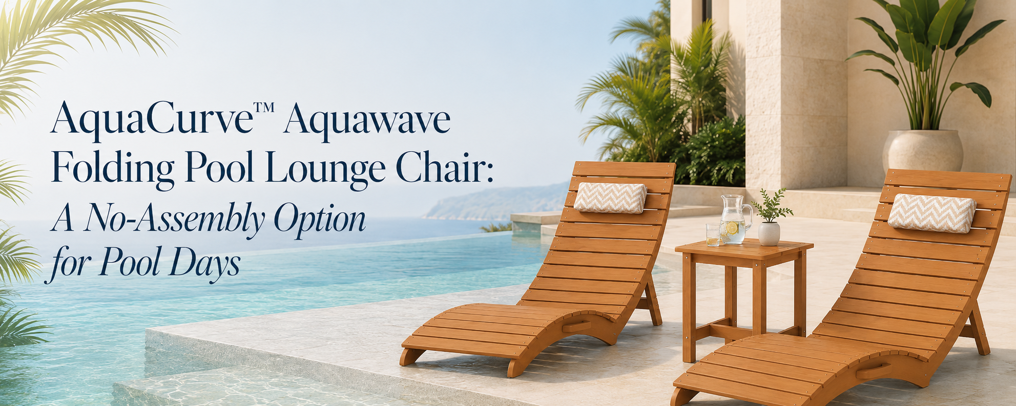 Teak AquaCurve Aquawave folding pool lounge chairs on a shallow tanning ledge beside an infinity pool