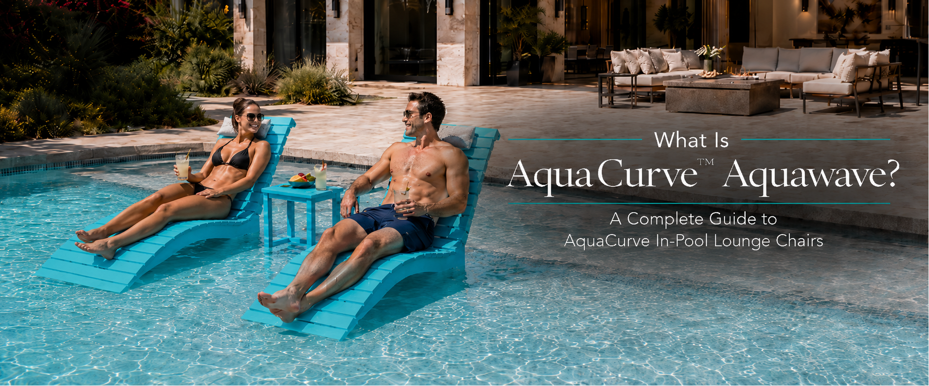 AquaCurve Aquawave pool loungers in water on a sun shelf for shallow-water relaxation
