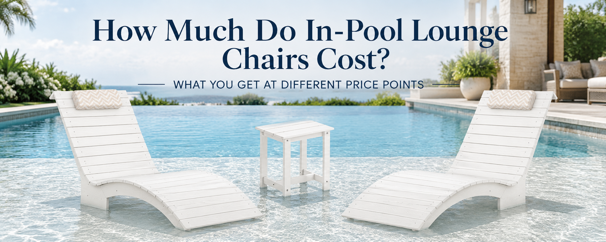 Different in-pool lounge chair styles arranged on a sun shelf across budget and premium price ranges