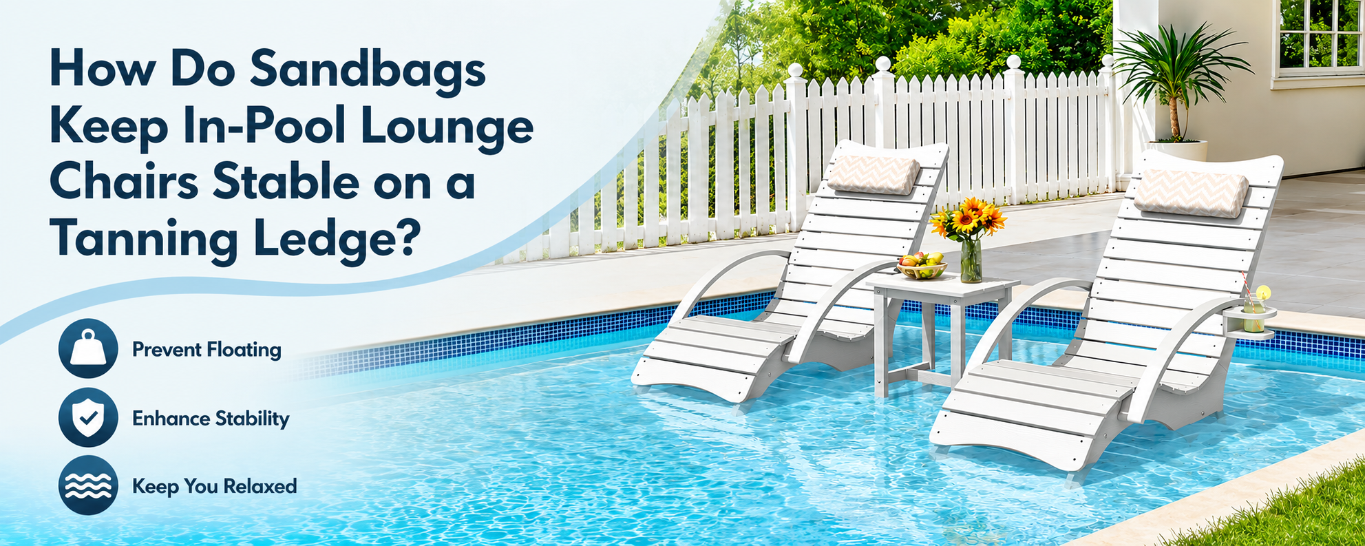In-pool lounge chairs on a flat tanning ledge for stable shallow-water lounging