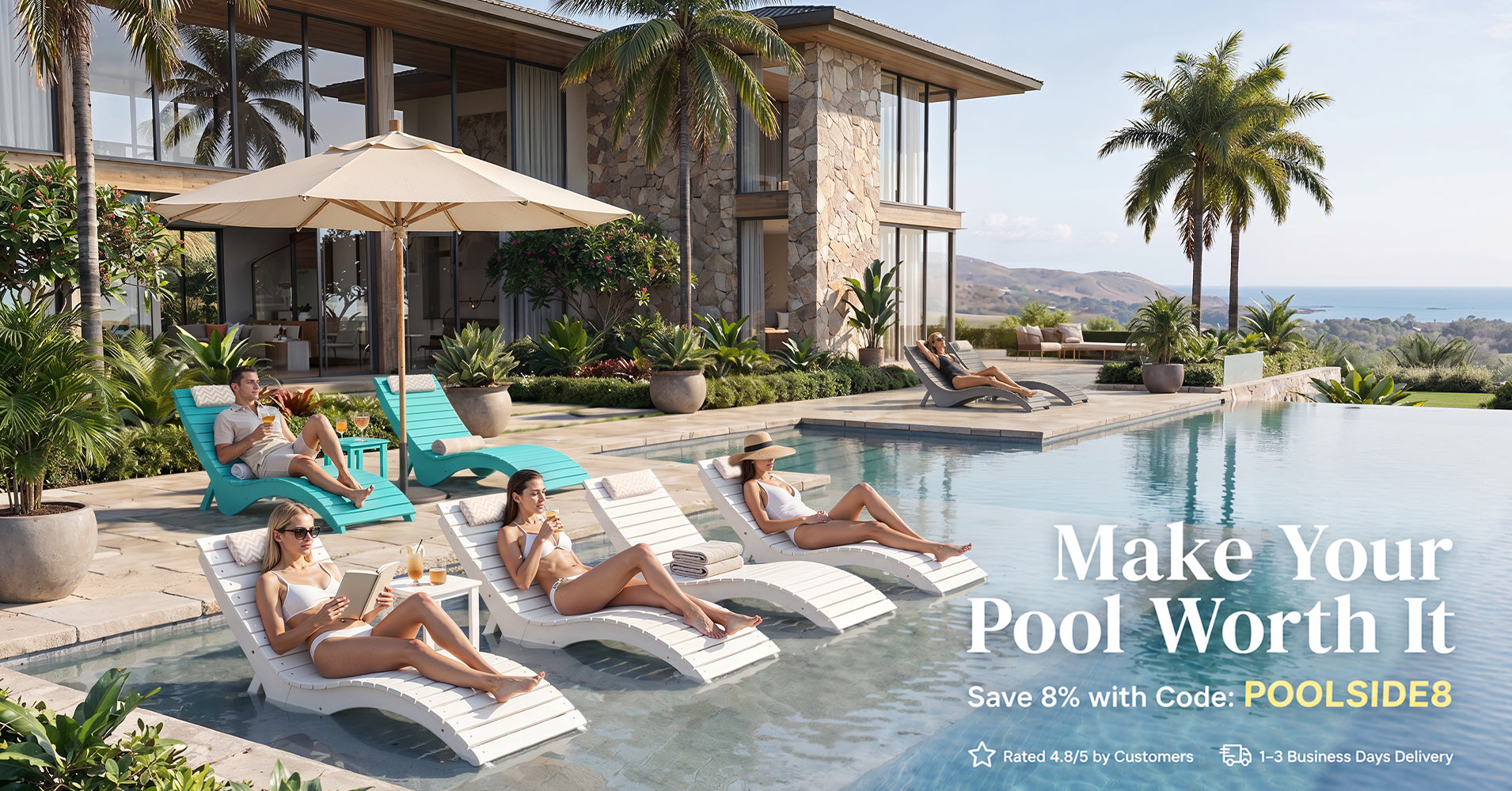 Load video: Video showing AquaCurve pool loungers in water on a shallow tanning ledge