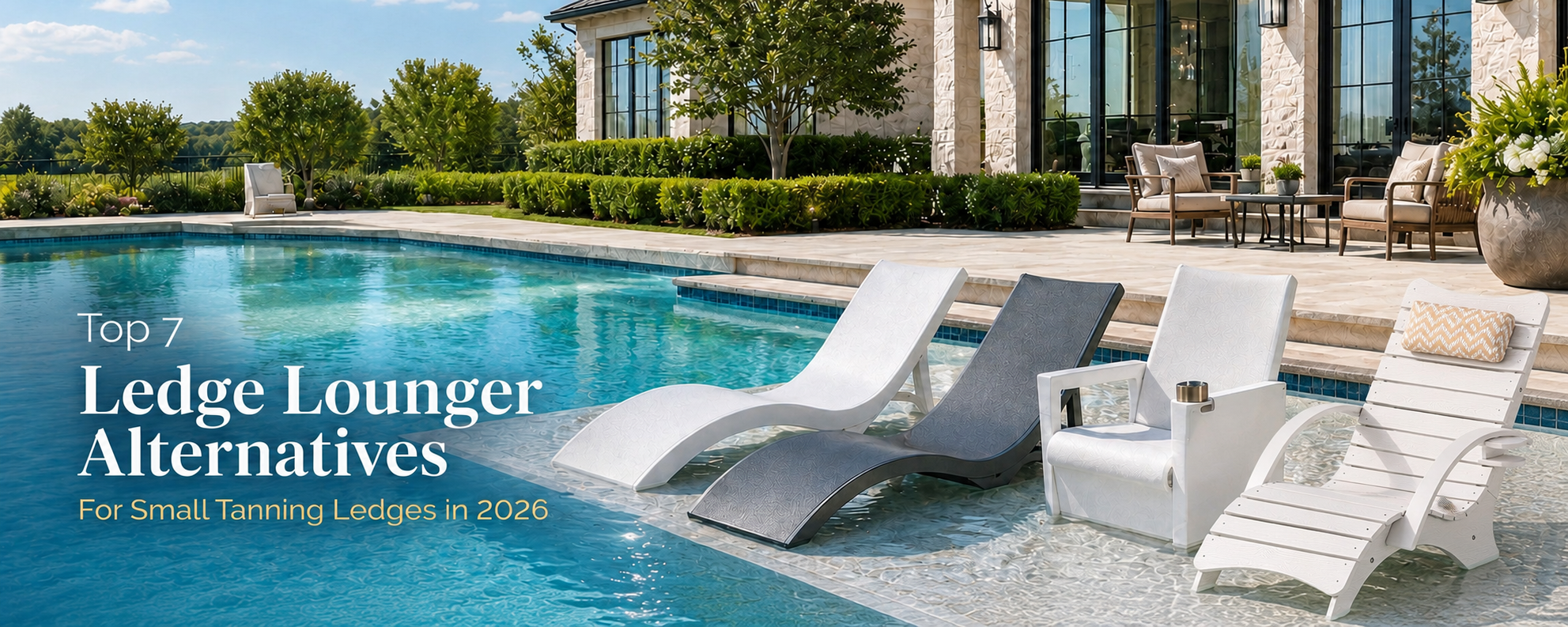 Compact in-pool lounge chairs arranged on a shallow tanning ledge for backyard pool seating
