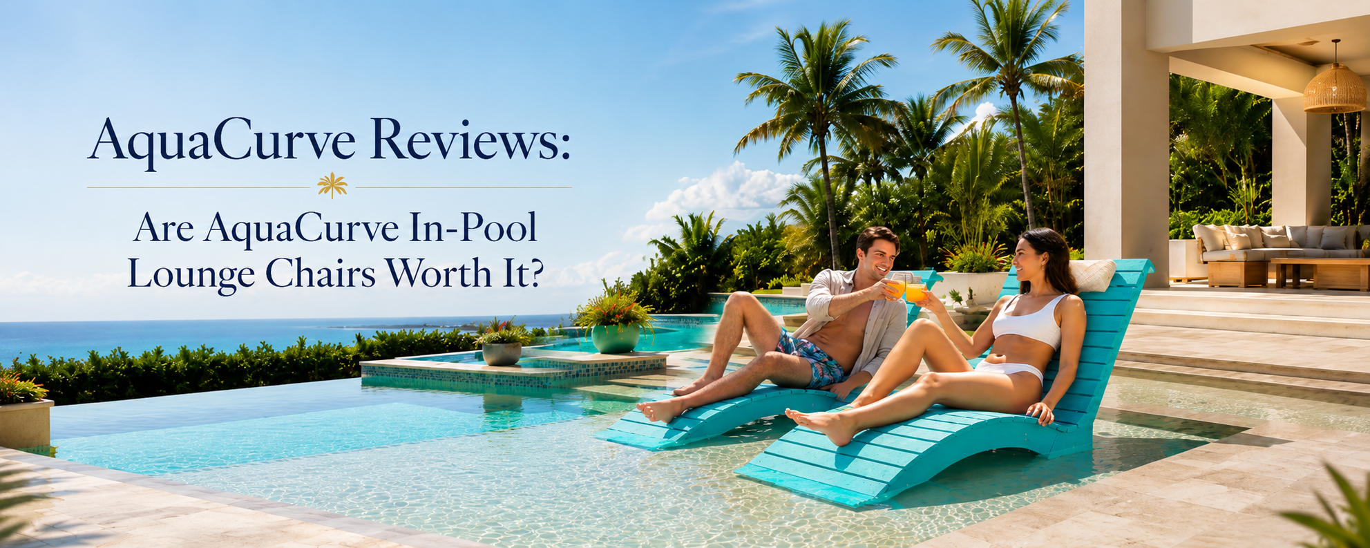 Two people relaxing on AquaCurve in-pool lounge chairs on a shallow sun shelf