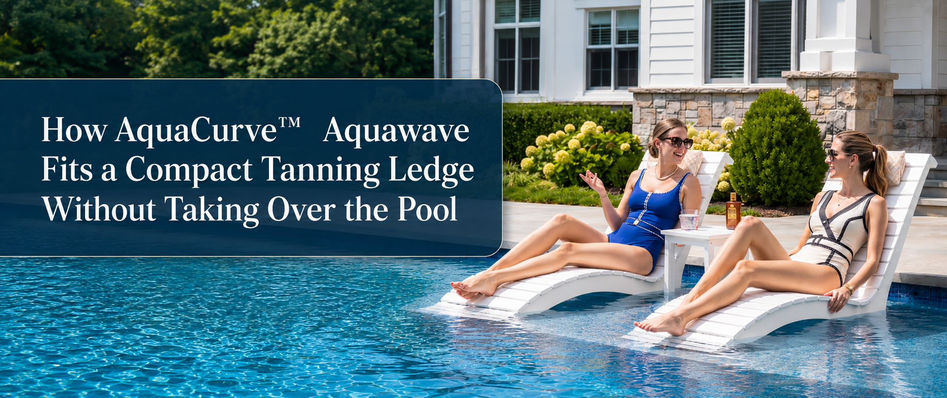 White in-pool lounge chairs on a compact tanning ledge with open pool space around them