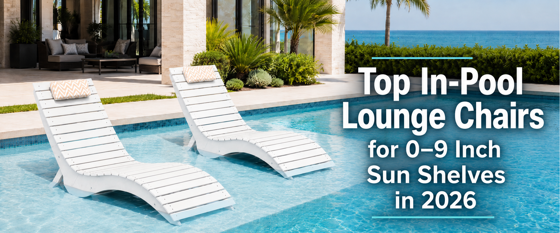 White in-pool lounge chairs on a shallow sun shelf for 0–9 inch water depth