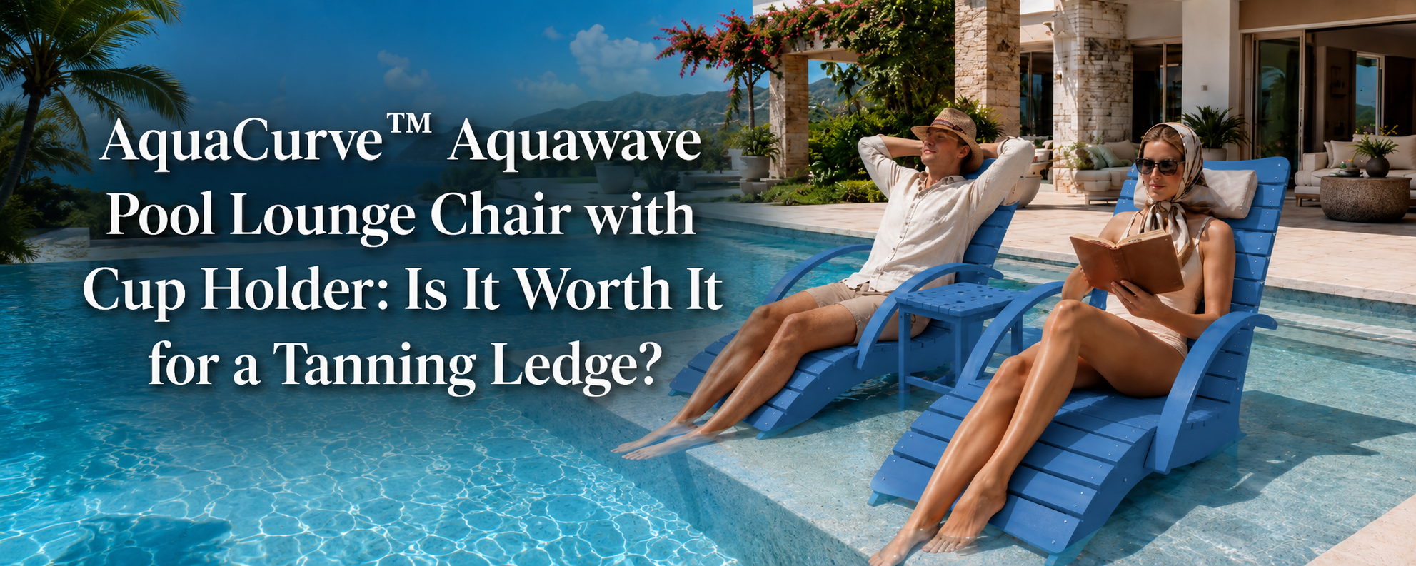 Pool lounge chair with armrests and cup holder for tanning ledge relaxation