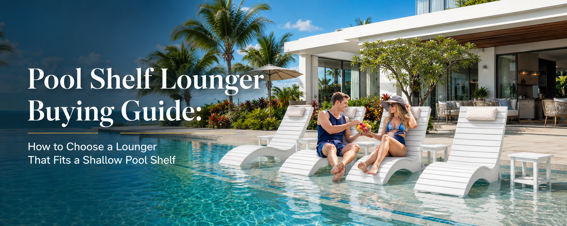 White pool shelf loungers on a shallow tanning ledge beside a modern backyard pool