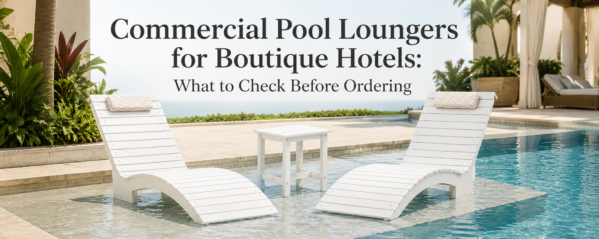 In-pool lounge chairs arranged on a shallow tanning ledge at a boutique hotel