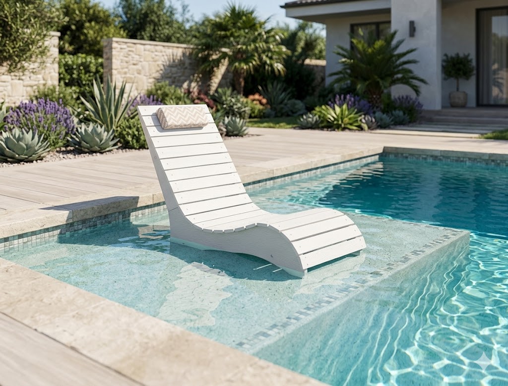 Compact tanning ledge with a single in-pool lounge chair in shallow water
