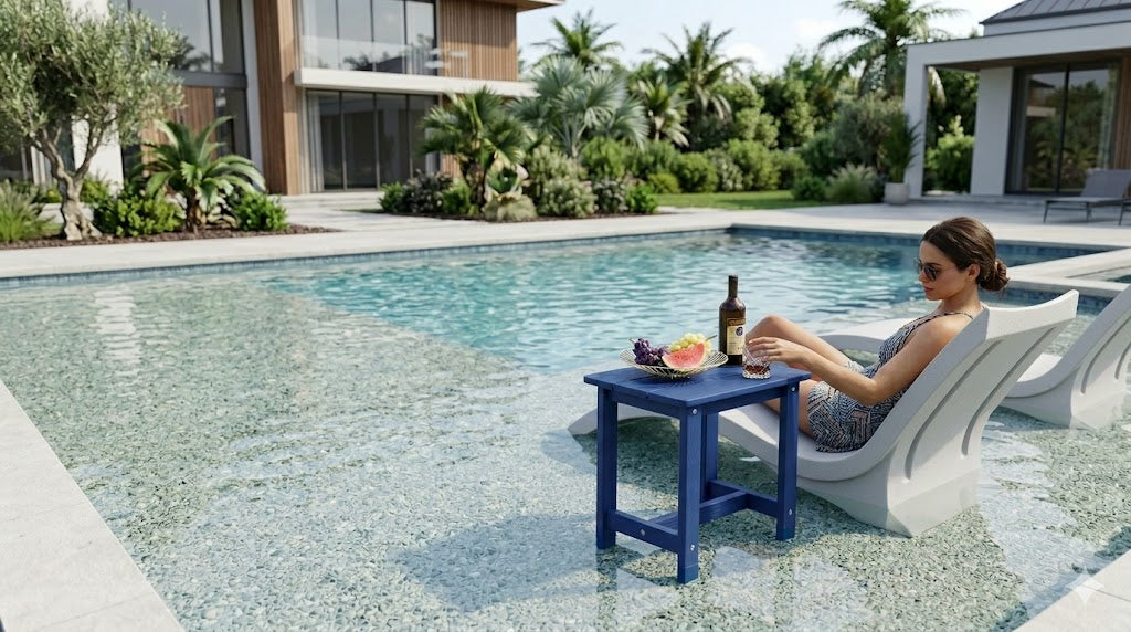 Woman reaching a drink on an in-pool side table from a sun shelf lounge chair