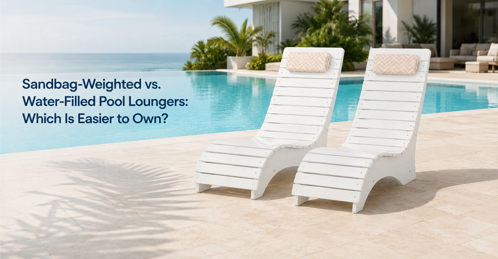 Two white AquaCurve sandbag-weighted pool loungers beside a swimming pool