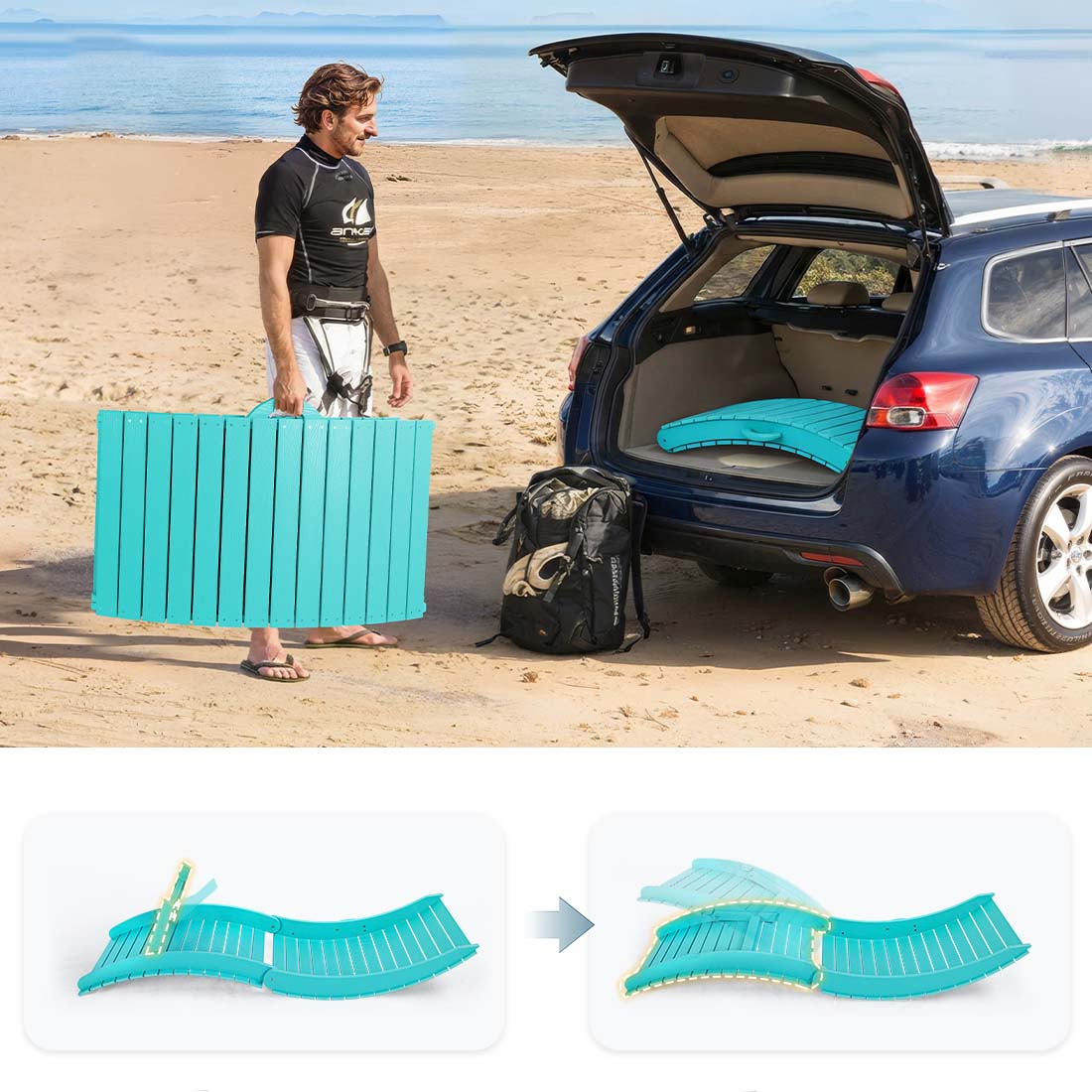 portable in-pool lounge chair being transported in a car trunk