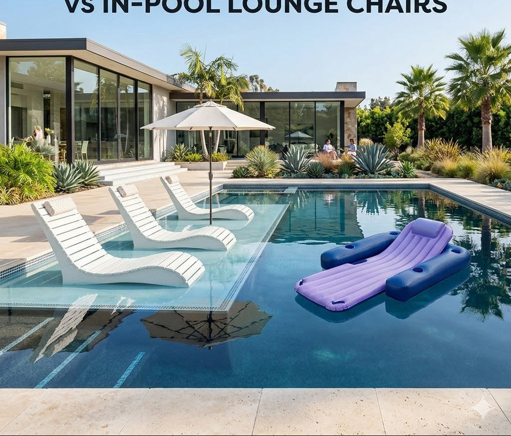 Sun shelf furniture comparison with in-pool lounge chairs on the ledge and a floating lounger in the pool