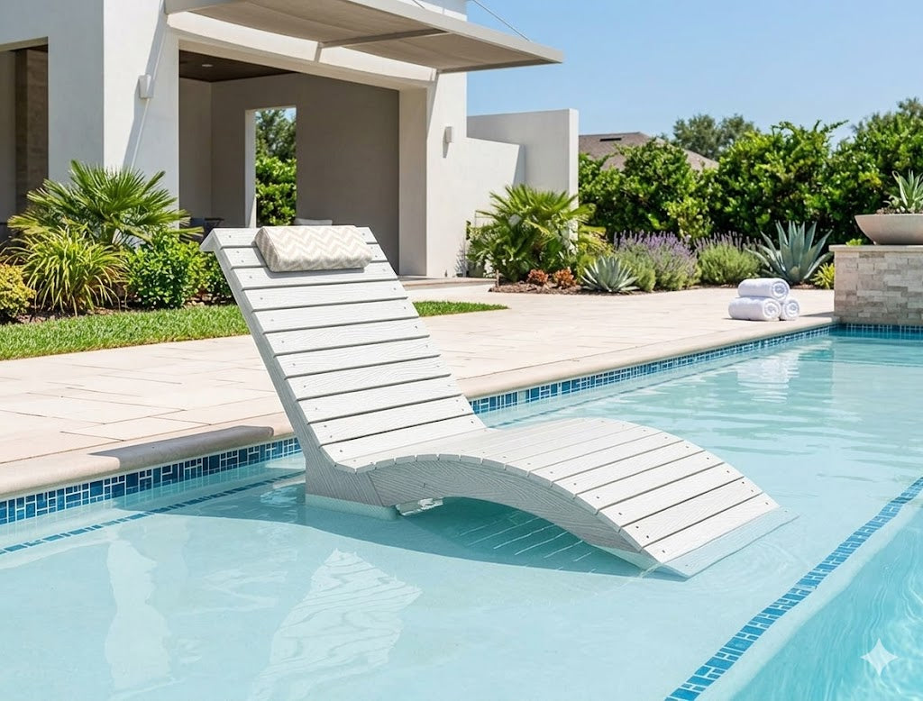 Close-up of an HDPS pool lounge chair showing a rigid, furniture-like structure