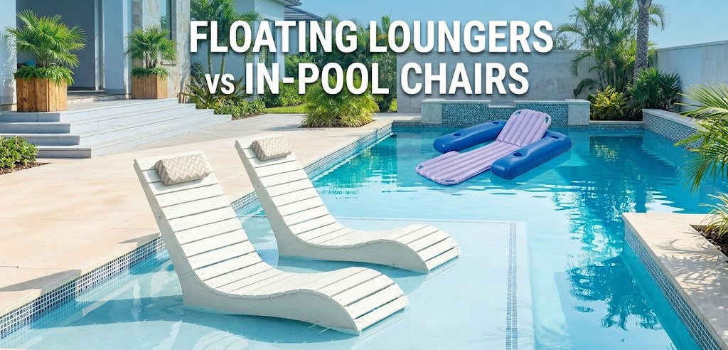 Floating pool loungers vs in-pool lounge chairs on a sun shelf in a modern backyard pool