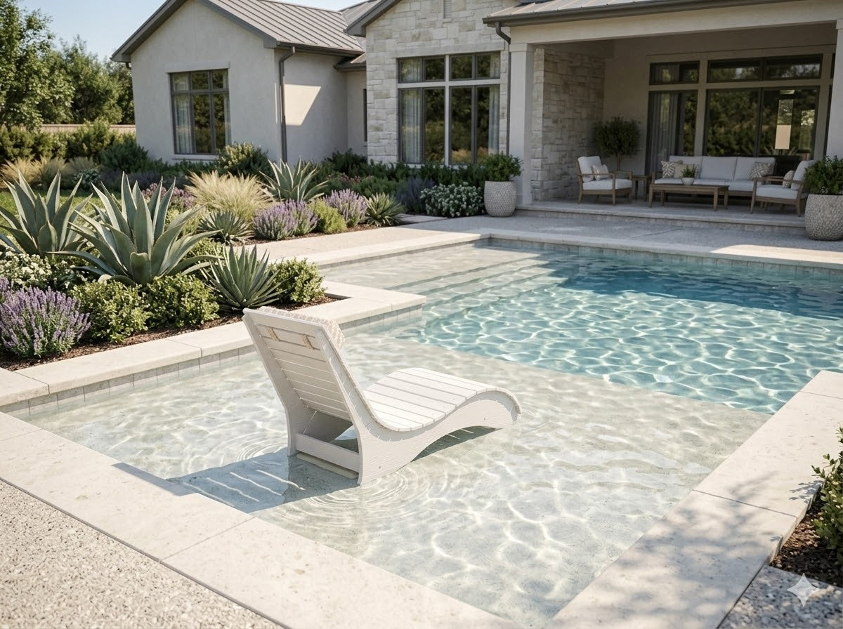 stable in-pool lounger on a compact tanning ledge with secure shallow-water placement