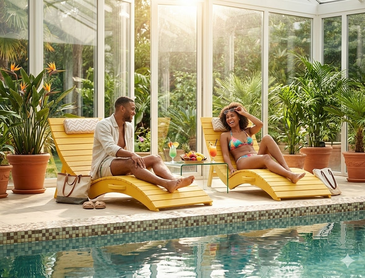 HDPS pool lounge chair on a shallow tanning ledge in a modern backyard pool